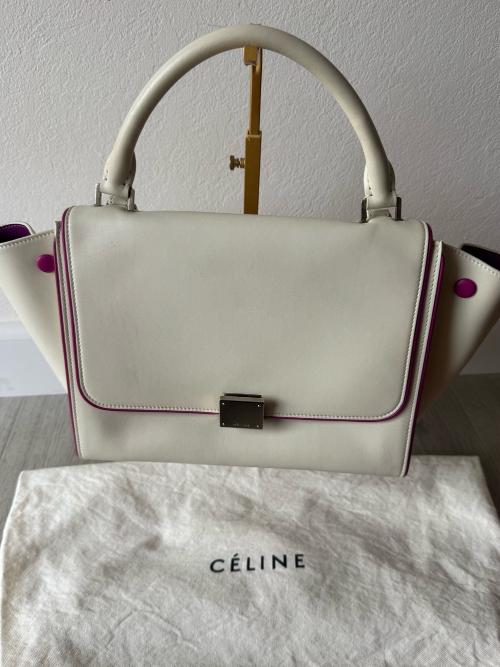 Celine Trapeze White Leather Top-Handle Satchel with Purple Trim